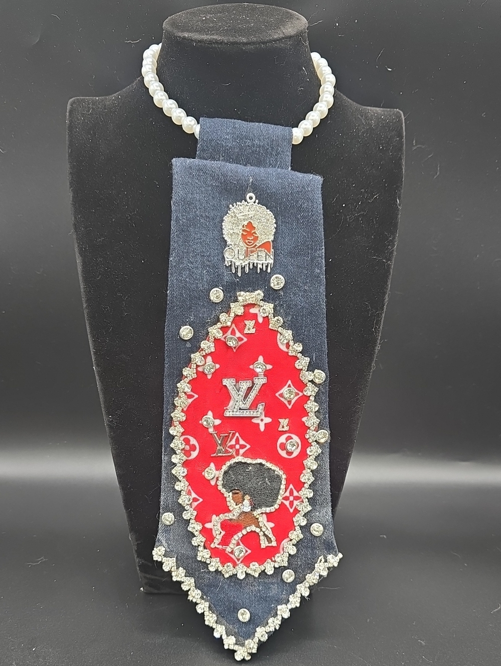 Denim And Rhinestone Tie Necklace